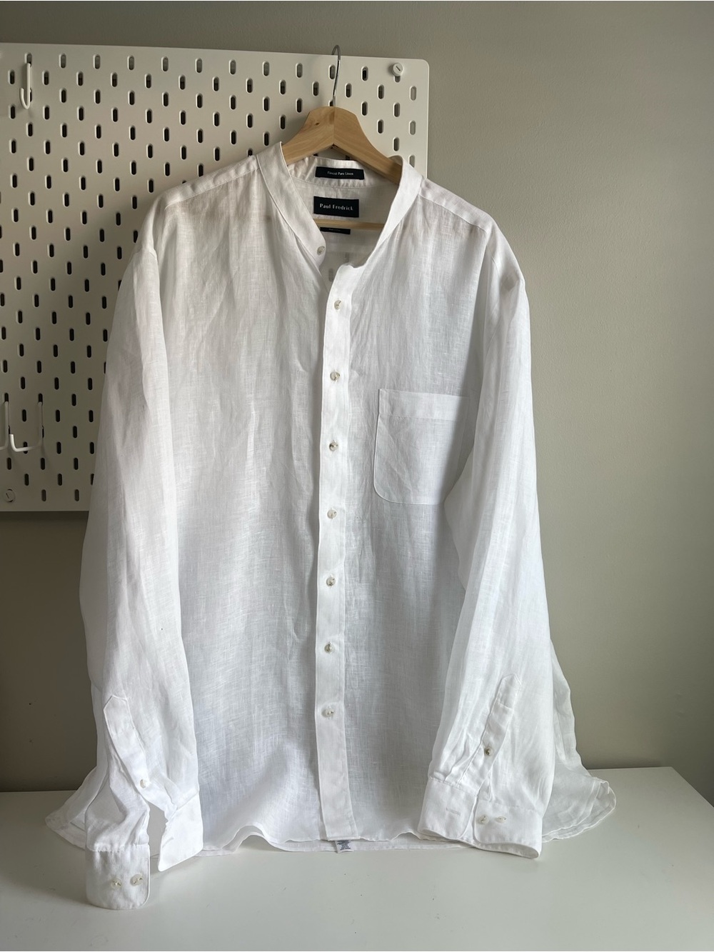 Paul Fredrick White Linen Band-Collar Button-Down Shirt